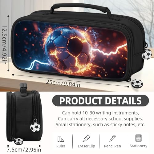 Image of Soccer Pencil Case for Boys - Large Pencil Pouch for Boys with Zipper Compartments & Handle - Big Capacity Pen Organizer Box Bag for Kids Teens School Supplies