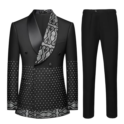 Men's Black Rhinestone Embellished Tuxedo Suit Set Double Breasted Slim Fit Jacket & Black Pants for Prom