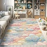 Ambesonne Cartoon Sky Decorative Rug, Dreamy Colors Celestial Atmosphere with Starry Kawaii Clouds Rainbow, Quality Carpet for Bedroom Dorm and Living Room, 4' X 5' 5', Blush Mustard Blue