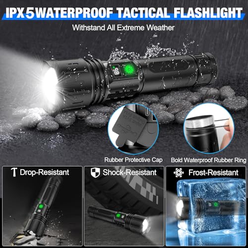 Image of Banral Flashlights High Lumens Rechargeable - 5000mAh Super Bright Powerful LED Flashlight with 5 Modes Waterproof Handheld Flash Light for Home,Camping,Car, Zoomable,Power Display (2Pack Black)