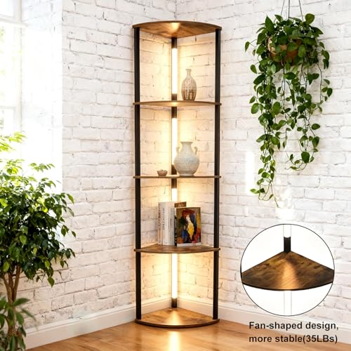 Image of Lightdot Corner Floor Lamps with Shelves, 64Inch 5-Tier Storage Shelf Lamp with Integrated LED Posts /Amber Shelf /Black Frame, Black Display Floor Lamp for Living Room Bedroom /Sofa Beside /Corner Decor
