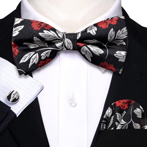 Image of YOHOWA Paisley Striped Men Bow Tie Pre-Tied Formal Adjustable Colorful Bowties Handkerchief Cufflinks Set Wedding Party