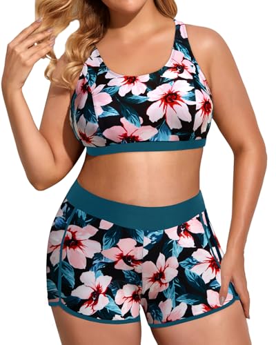 Image of Holipick Women Plus Size Swimsuits - Athletic 3 Piece Tankini with Shorts | Sports bikini top, high waist shorts, tank top, removable pads. Athletic style for water activties