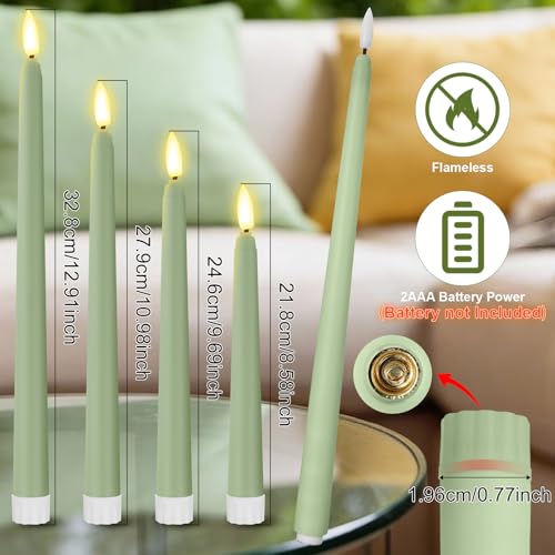 Image of Rossesay 48 Pcs Flameless LED Taper Candles Battery Operated Candles 4 Sizes of 8.5'', 9.65'', 10.83'', 12.8'' Flameless Candlesticks Flickering for Halloween Christmas Church Wedding(Sage Green)