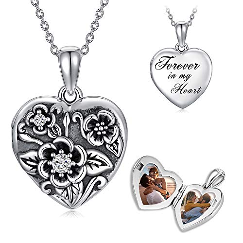 ROMANTIC WORK Sterling Silver Flower Locket Heart Necklace Engraved Always in My Heart?Pendant That Holds Pictures Gift for Women Mom Nana, 18-20 Inch