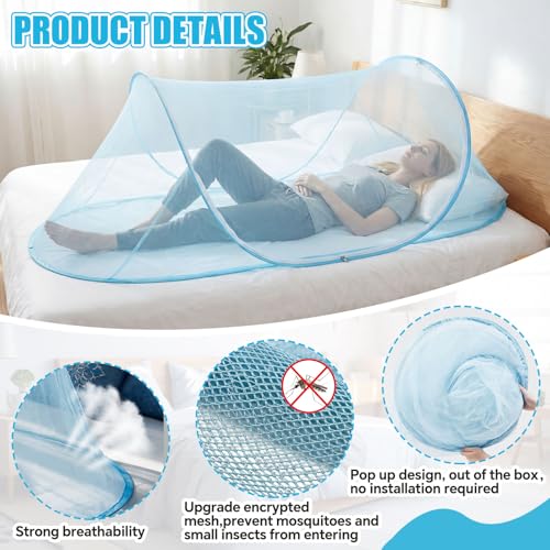 Image of Large Pop up Mosquito Net for Camping Portable Foldable Mosquito Tent Bug Net Bed Travel Patio Outdoor 78 x 31 x 22 Inch Bug Netting Mesh Tent Canopy for Adults Baby Bedroom, Bllue