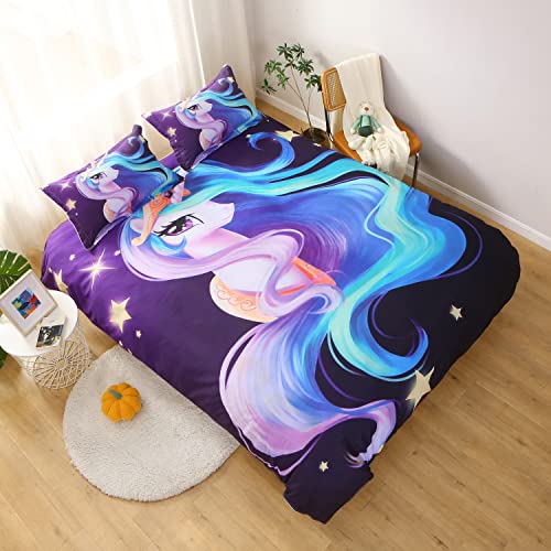 Cartoon Unicorn Bedding Purple Long Hair Fluttering Elegant Bed Set Gifts For Kids Teens Girls Boys 2 Pieces Comforter Set Twin Size Include - 1 Duvet Cover & 2 Pillowcases Blue (No Comforter Inside)… #TOP1