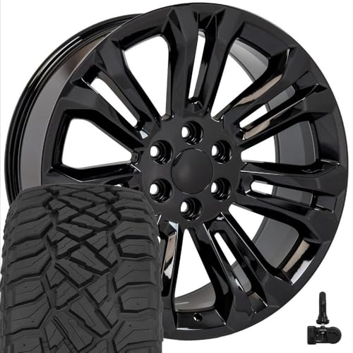 OE Wheels CV43B 22 Inch Rims and Tires Fit Silverado 1500 Style 6x139.7 22x9 Gloss Black - Hollander 5666 - TerraMax RT 285/45-22 (Set of 4)