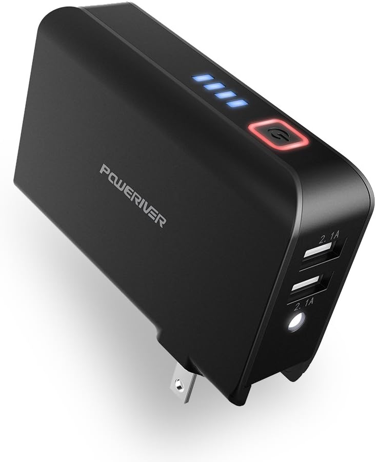 Power Bank Battery, Portable Charger and Wall Charger,Poweriver 2-in-1 5000mAh with Foldable AC Plug for iPhone, iPad, Android, Tablets, Samsung Galaxy and More-Black