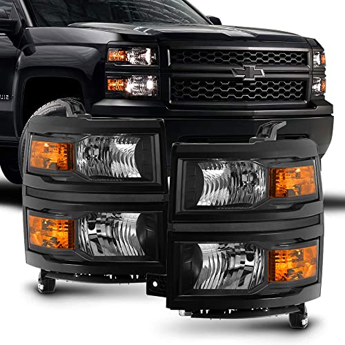 ACANII - For 2014-2015 Chevy Silverado 1500 Pickup Truck Black Housing Headlights Headlamps Pair Set Driver & Passenger