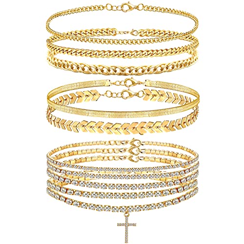 Nanafast Gold Ankle Bracelets For Women Girls Heart Cross Dollar Charms Anklets Rhinestone Tennis Ankle Bracelets Herringbone Snake Cuban Layered Anklet Set Shining Foot Jewelry For Teen Girls Cross #TOP20