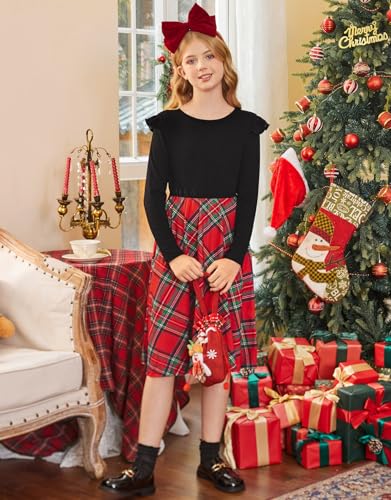 21KIDS Girls Buffalo Check Plaid Dress Kids Ruffle Long Sleeve Christmas Midi Dresses with Pockets for Girls 6-14 Years4