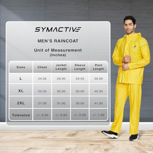 Image of Amazon Brand - Symactive PVC Raincoat with Hood for Men | Waterproof Jacket & Pants Set | Seam-Sealed | Snap Button Sleeves | Size XL | Yellow