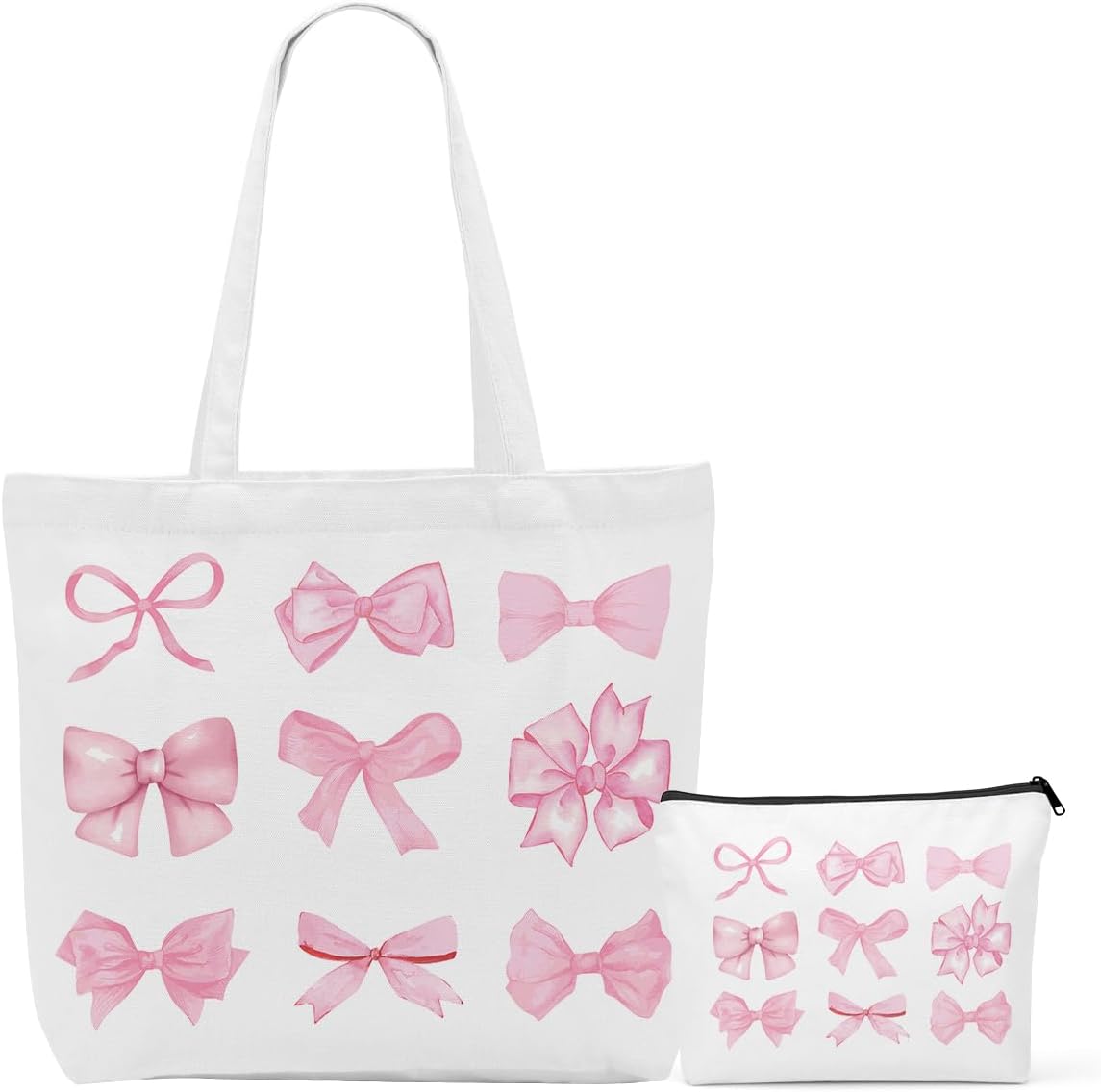 Preppy Coquette Pink Bows Canvas Tote Bag Cosmetic Bags Set, Preppy Stuff, Cute Aesthetic Gifts for Women Teen Girls Bestie Friend Nurse Day Graduation Reusable Shopping Grocery Bags Travel Makeup Bag