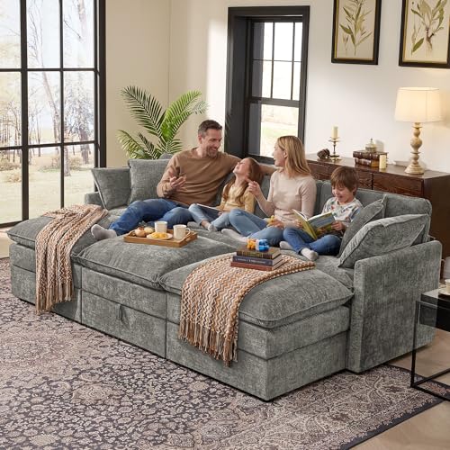 Image of Ihanherry Oversized Sectional Sofa Bed with Storage, 103 inch 6-Seater Modular Cloud Couch with Movable Ottomans, Chenille Deep Seat Sleeper Couches for Living Room (Grey)