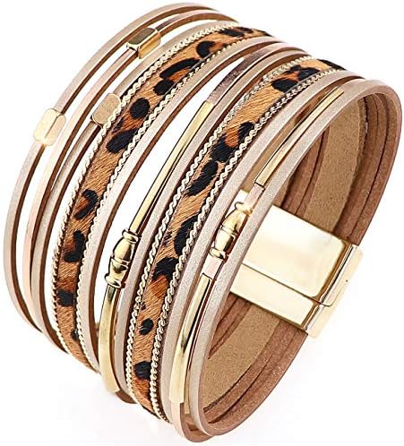 Wovanoo Leather Wrap Bracelets for Women Leopard Multi-Layer Wristband Cuff Bangle with Magnetic Buckle Gift for Birthday, Valentine's Day Wide Tube