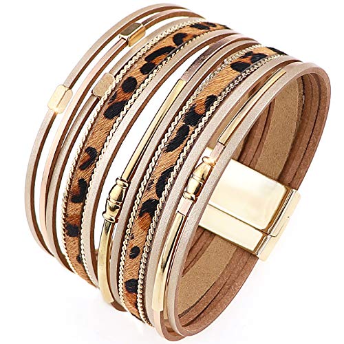 Wovanoo Leather Wrap Bracelets For Women Leopard Multi-Layer Wristband Cuff Bangle With Magnetic Buckle Gift For Birthday, Valentine's Day Wide Tube #TOP5
