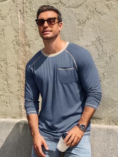 Runcati Mens Crewneck Shirts Long Sleeve Casual Basic T-Shirt Lightweight Vintage Tee Tops with Pocket3