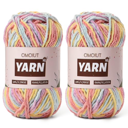 Image of 2 Packs Plush Chenille Chunky Crochet Yarn - Baby Yarn for Crocheting Soft - Velvet Yarns Knitting for Blankets Crafts - Fluffy Amigurumi Yarns 100g /131yds (2 Macaron)