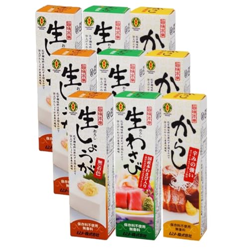 9個セット 旨味本来 40g 3種 (生わさび ・ 生しょうが ・ からし) チューブ入り 各3個 むそう 国産素材 無添加 化学調味料不使用 常温保存可 調味料 アソート お試し