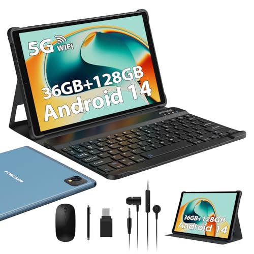FORUSER Tablet 10 Pulgadas Android 14 Tableta 5G WiFi Octa Cores,2.0GHz Tablet PC 36GB RAM+128GB ROM,1920 * 1200 FHD incell,8000mAh,13MP+8MP,GPS,Face ID,Tablet con Teclado,Ratón-Azul