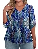 FOLUNSI Womens Plus Size 3/4 Roll Sleeve Blouses V Neck Casual Tunic Tops Peacock Print,2XL