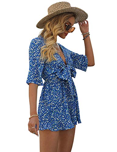 Aimcoo Women's Half Sleeve Tie Knot Front Romper Floral Print Deep V Neck Sexy Jumpsuit High Elastic Waist Ruffle Hem Rompers #TOP2