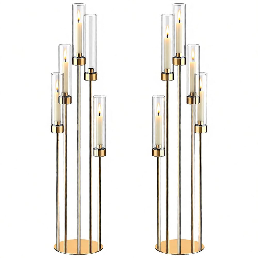 2er Set Kerzenständer 5 Arm für Hochzeitstisch,106cm Hohe Kerzenhalter mit Acryl Lampenschirm, Metall Gold Kerzenstöcke Halter für Party Home Dekoration Halloween Weihnachtstag