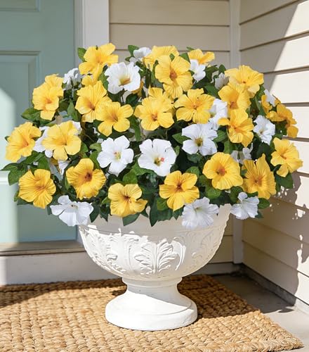 HyeFlora Artificial Flowers for Outdoors 2PCS Spring Faux Morning Glory Look Real Silk Flowers for Outside Planter UV Resistant Fake Flowers for Home Garden Balcony Yard Porch Deco