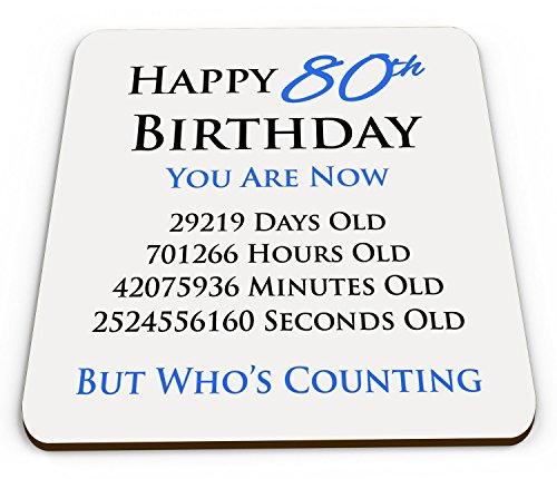 Image of Happy 80th Birthday You are Now Days Hours Minutes Seconds Old Novelty Glossy Mug Coaster - Blue