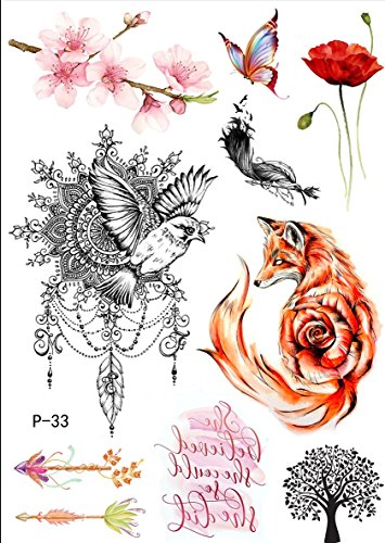 Volpe tatuaggio uccello tatuaggio albero fiori di ciliegio tatuaggio freccia tatuaggio finto tatuaggio P-33