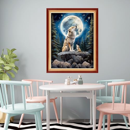 Image of Redxing Stamped Cross Stitch Kits Full Range of Embroidery Starter Kits- Needlepoint Counted Cross Stitch Kits for Beginner Adults 11CT Printed Embroidery Kit-Moon Wolf 16x20 inch