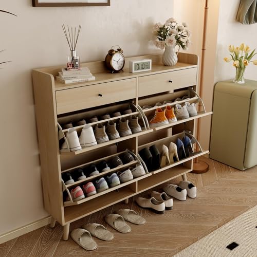 GarveeHome Shoe Cabinet with 4 Rattan Flip Drawers & 2 Drawer, Hidden Free-Standing Shoe Rack, Wooden Shoe Storage Cabinet with Legs for Entryway Hallway, Living Room