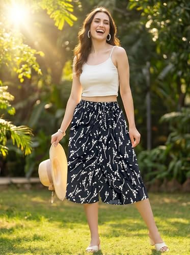 Image of THUMBA Women's Printed Poly Rayon Palazzo Pants | Wide Leg Culottes | Floral & Butterfly Print | Elastic Waist | Casual & Ethnic Wear | S M L XL 2XL 3XL