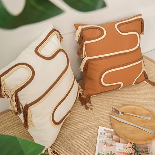 Jonhier Boho Throw Pillow Covers, Handmade Modern Farmhouse Decorative Orange Cushion Case With Tassels, Bohemain Neutral Accent Cotton Woven Pillow Case For Couch, Sofa Or Bed (18'' X 18'', Brown) #TOP6