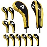 Andux Fundas para Palos de Golf Número de impresión Cuello Largo Cremallera 12 Piezas Amarillo Negro