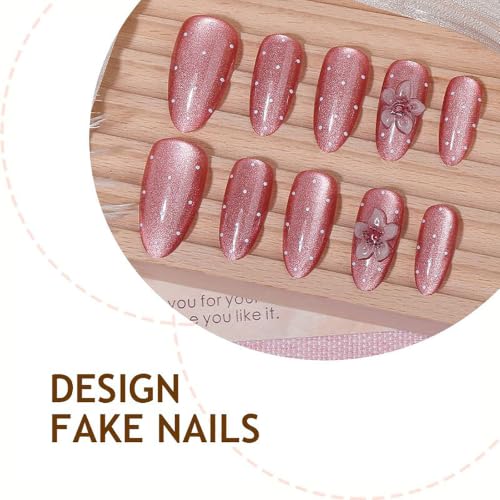 Image of Pink Press On Nails, Cat Eye Polka Dot Almond Shape, 30 Pieces Nail Set for DIY Manicure, Special Occasion Wear, Fashion Styling, Home Nail Art Application