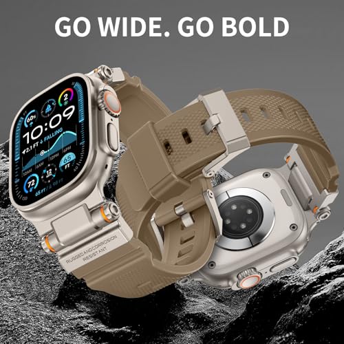 Image of FOAMUNOC Rugged Band Compatible with Apple Watch Ultra 3 /2 /1 Band 49mm /46mm /45mm /44mm /42mm, Metal Connector with Strap for iWatch Ultra Series 11 /10 /9 /8 /7 /6 /SE3 /SE2 /SE /5 /4 /3 /2 /1, Desert Tan /Titanium