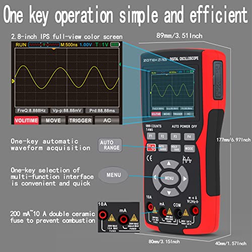 Zotek Zt-702S 2 In 1 Handheld Digital Automotive Oscilloscope Multimeter, Single Channel 10Mhz Bandwidth,64Kbyte Record Length,48Msa/S High Sampling Rate，Amp Ohm Volt Meter Tester、Voltage/Current Test #TOP3