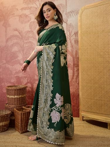 Image of SIRIL Women's Banarasi Silk Jacquard Zari Work Saree With Unstitched Blouse Piece