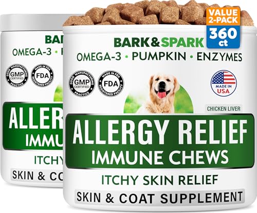 Image of BARK&SPARK Dog Allergy Relief Soft Chews for Skin Health & Seasonal Allergies - Anti-Itch Supplement w /Omega-3, Quercetin & Bromelain Immune Treats for Dry Skin & Hot Spots - Chicken Liver - 360ct