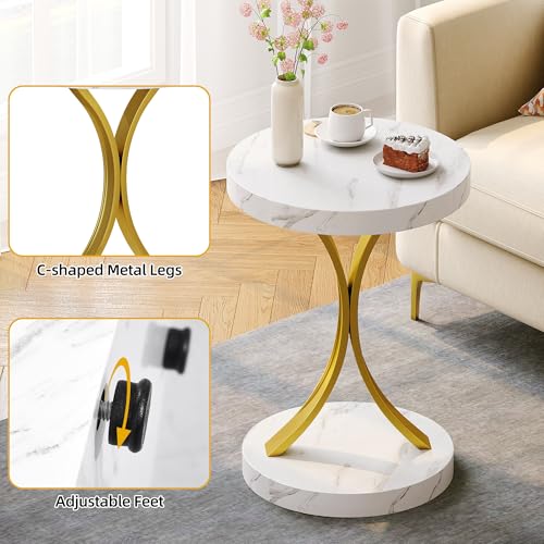DWVO Round End Tables, Modern Gold Side Table with Metal Frame and Faux Marble Top, Small Accent Table Nightstand for Living Room, Bedroom, Faux Marble White