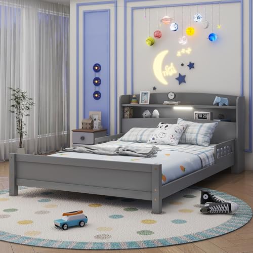 Kids Full Size Bed Frame with Storage Headboard Kids Bed with Rai...