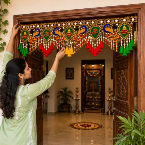 Image of ONESTA Handcrafted Peacock Door Toran with Om & Kalash Design | Decorative Bandhanwar with Mirror Work Bells & Tassels | Traditional Hanging for Main Door | Diwali Pooja Temple Home Entrance & Festival Decoration 3 Feet Size 36 Inch Pack 01)
