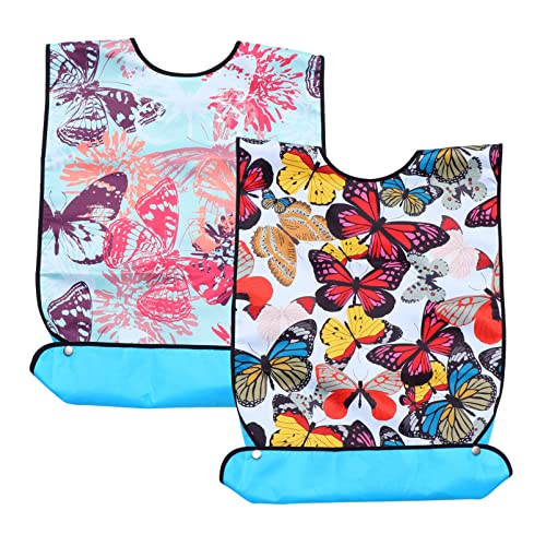 FOMIYES 2枚入り 大人用 よだれかけ 付き ちょうちょ プリント シニア 給餌 よだれかけ 食事 衣類 プロテクター 洗える 再利用可能 高齢者用 女性用 男性用