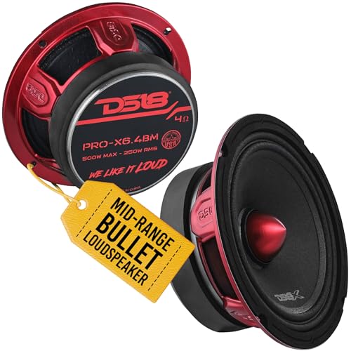 DS18 PRO-X6.4BM Loudspeaker – Pair of 6.5″, Midrange, Red Aluminum Bullet, 500W Max, 250W RMS, 4 Ohms – Premium Quality Audio Door Speakers for Car or Truck Stereo Sound System (2 Speaker)