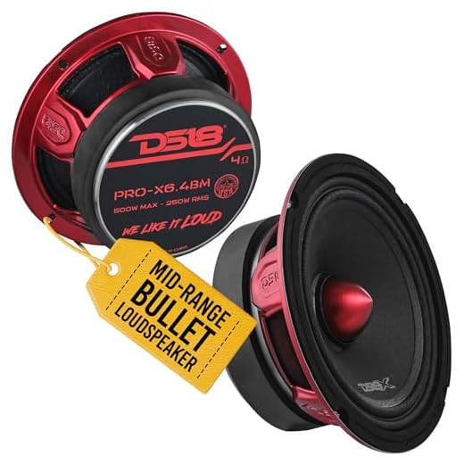 DS18 PRO-X6.4BM Loudspeaker - Pair of 6.5", Midrange, Red Aluminum Bullet, 500W Max, 250W RMS, 4 Ohms - Premium Quality Audio Door Speakers for Car or Truck Stereo Sound System (2 Speaker)