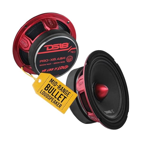 DS18 PRO-X6.4BM Loudspeaker – Pair of 6.5″, Midrange, Red Aluminum Bullet, 500W Max, 250W RMS, 4 Ohms – Premium Quality Audio Door Speakers for Car or Truck Stereo Sound System (2 Speaker)