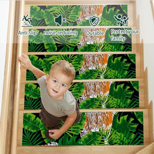 Peldaños de escalera antideslizantes con diseño de tigre tropical lavables 15 uds 4