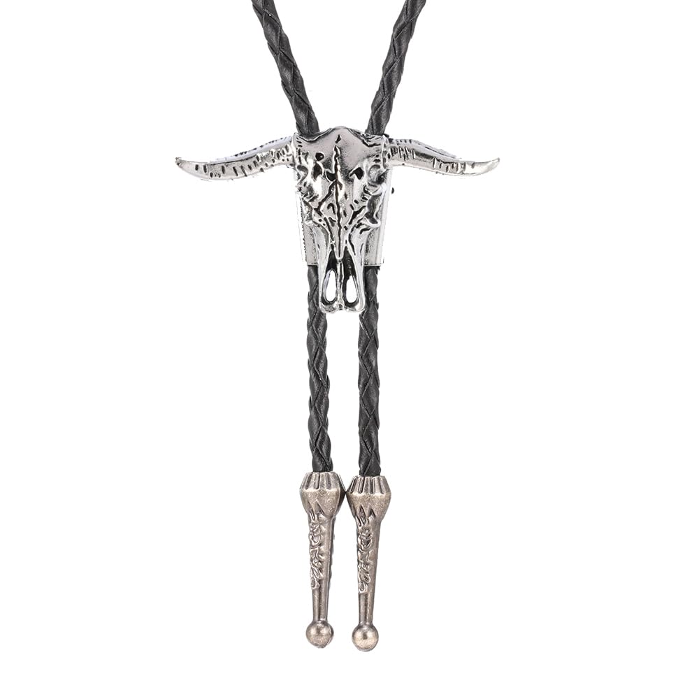 Joxevyia Bolo Tie for Men Vintage Cow Skull Leather Rope Western Cowboy Necktie Vintage Bola Tie Gift for Him
